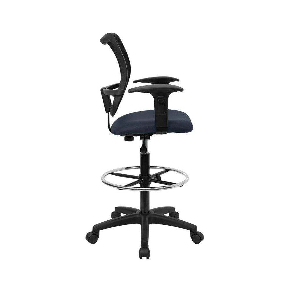 Mid-Back Navy Blue Mesh Drafting Chair with Adjustable Arms