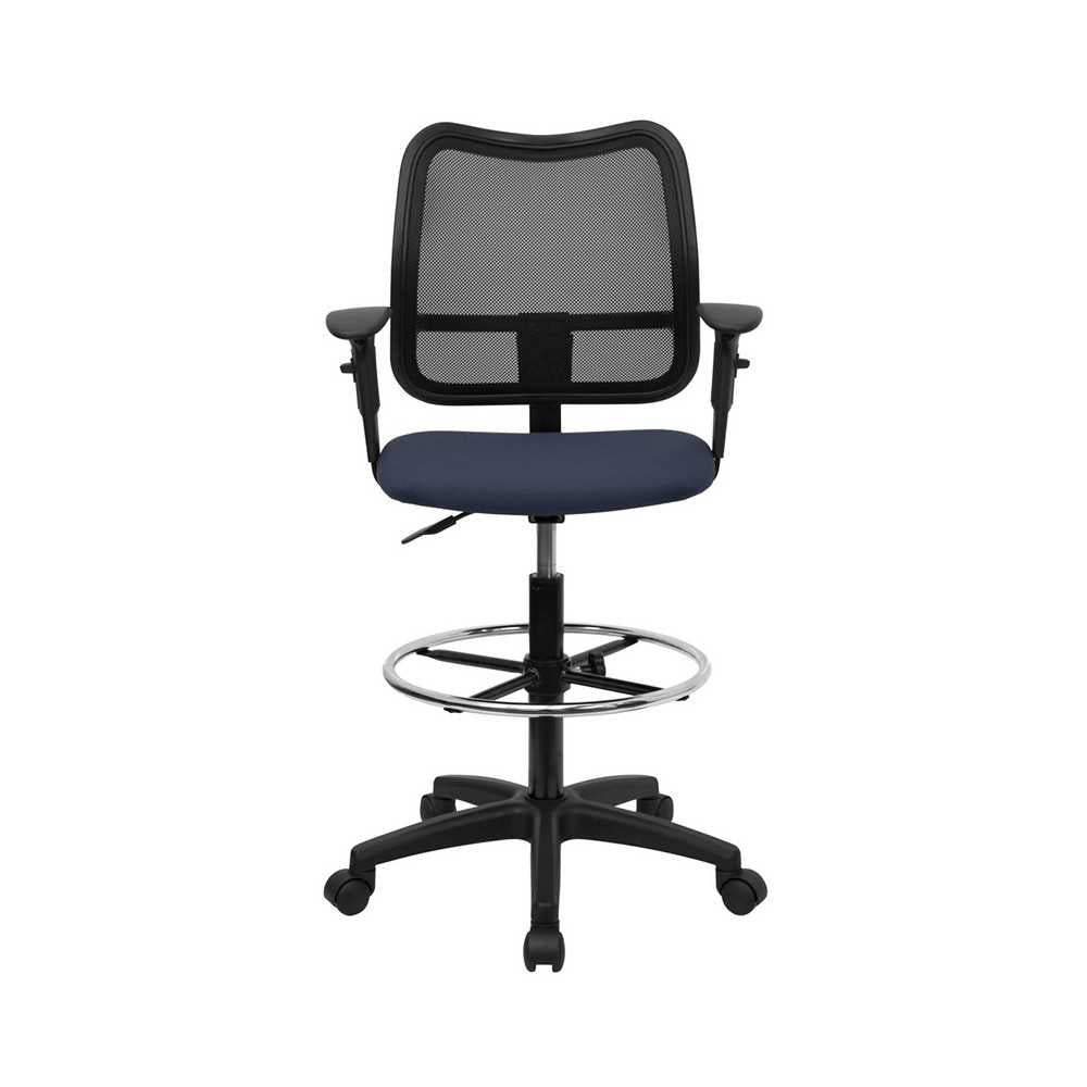 Mid-Back Navy Blue Mesh Drafting Chair with Adjustable Arms