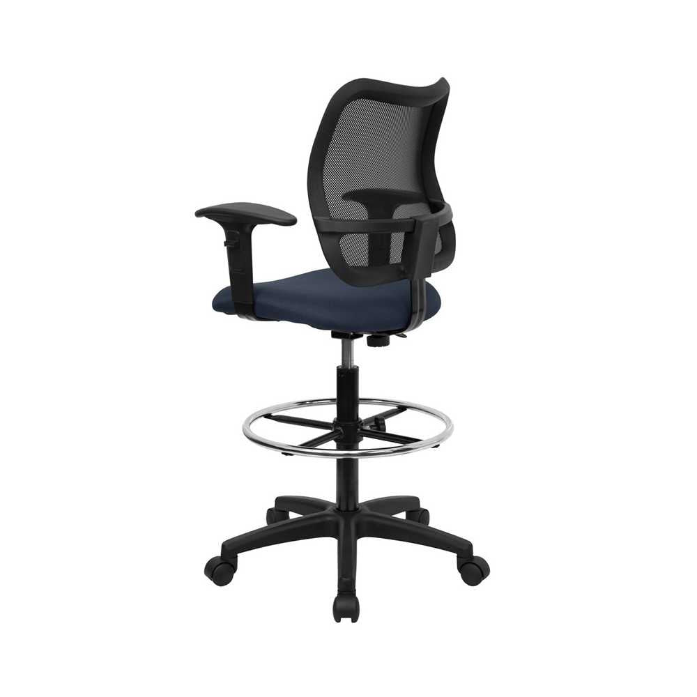 Mid-Back Navy Blue Mesh Drafting Chair with Adjustable Arms