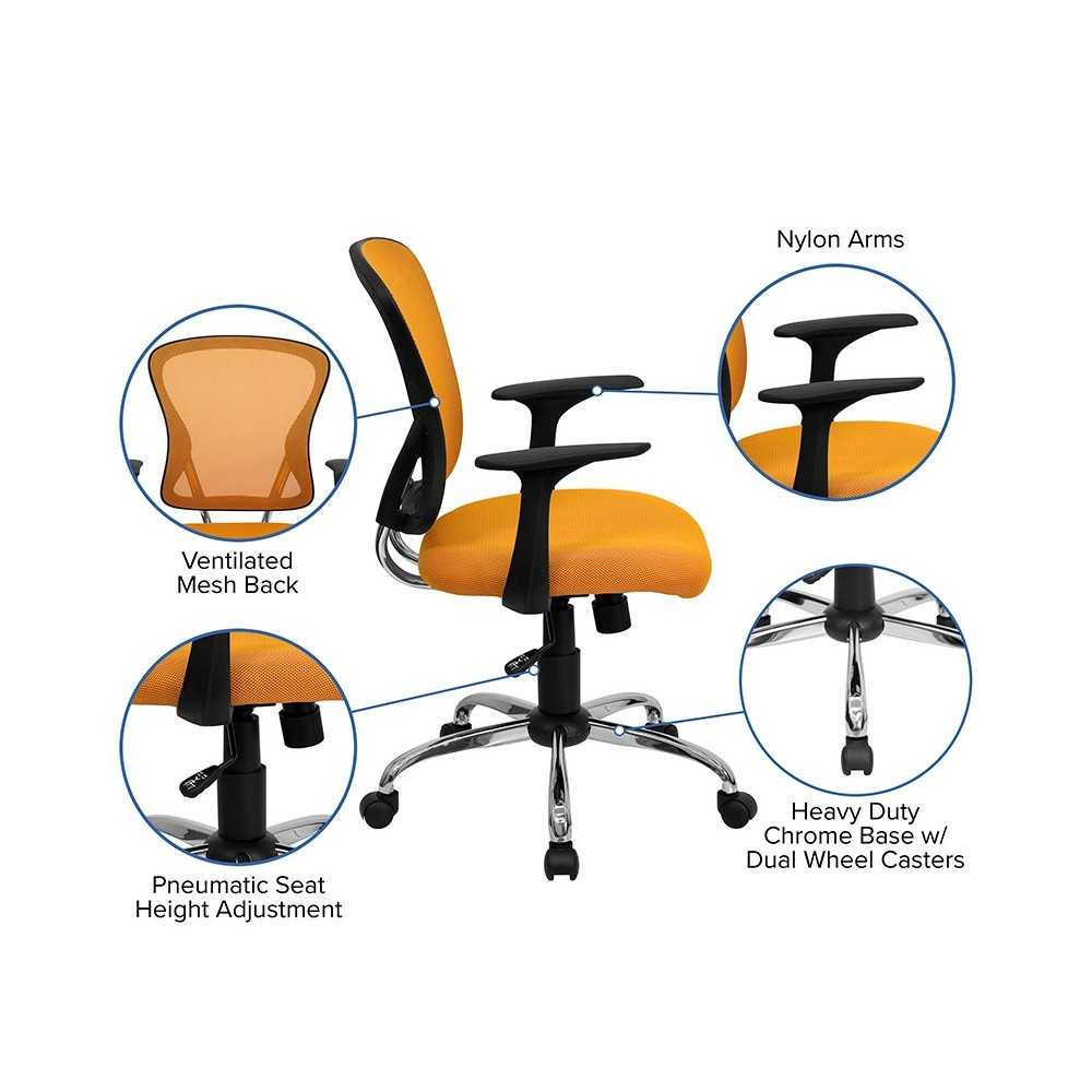 Mid-Back Orange Mesh Swivel Task Office Chair with Chrome Base and Arms