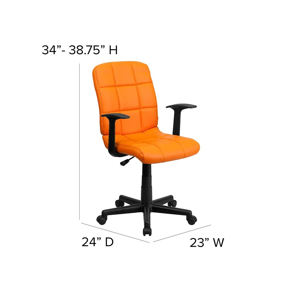 Mid-Back Orange Quilted Vinyl Swivel Task Office Chair with Arms
