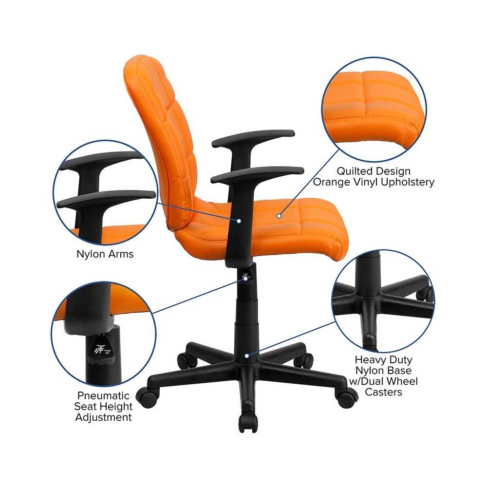 Mid-Back Orange Quilted Vinyl Swivel Task Office Chair with Arms