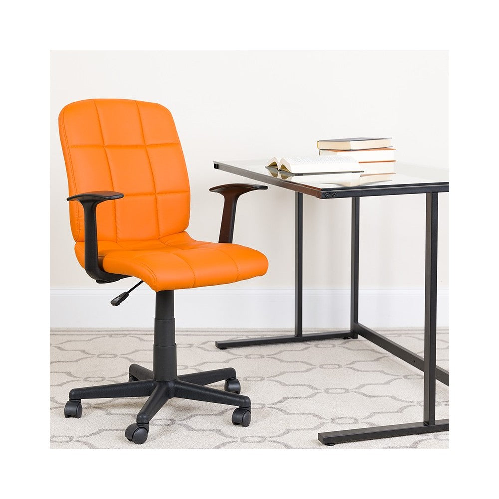 Mid-Back Orange Quilted Vinyl Swivel Task Office Chair with Arms