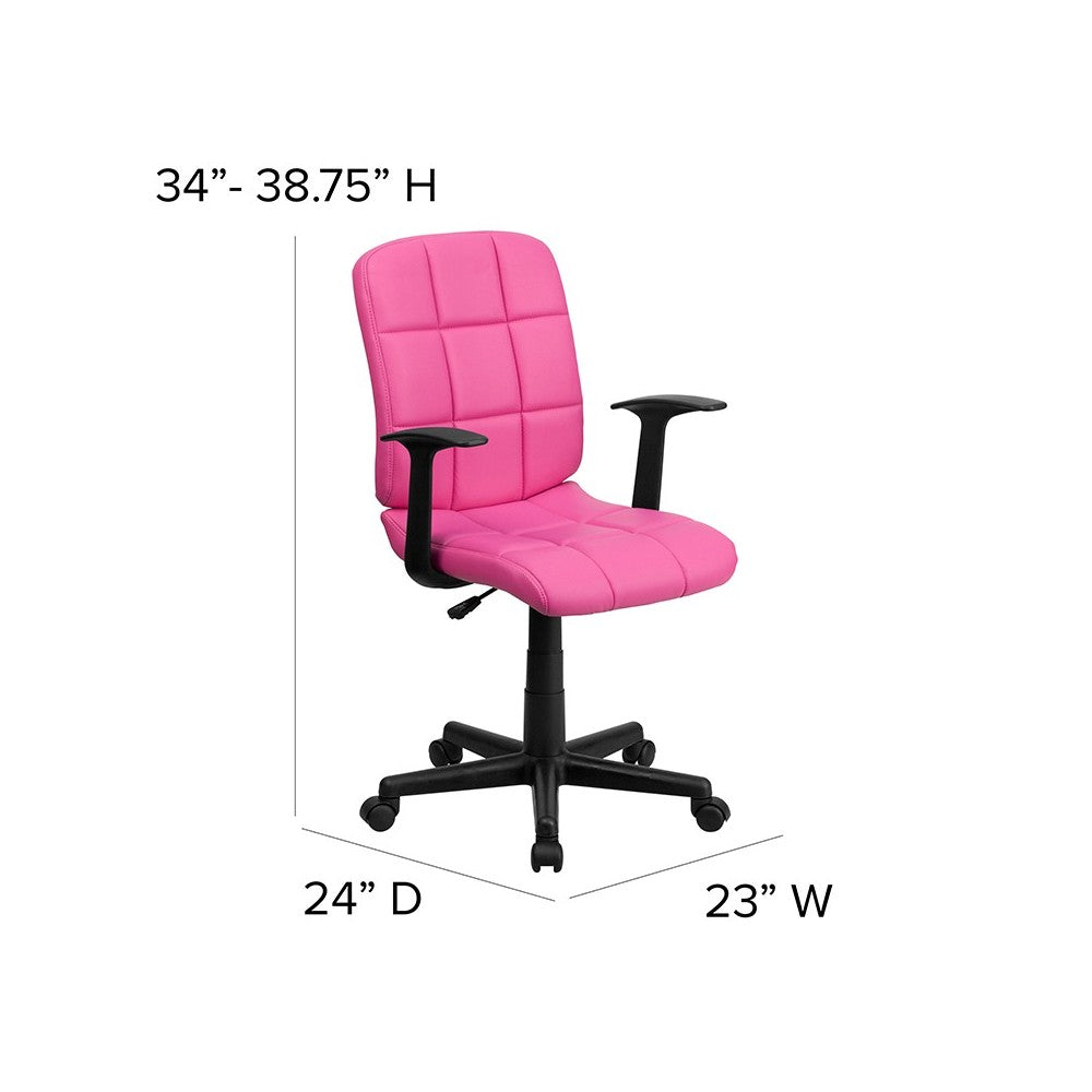 Mid-Back Pink Quilted Vinyl Swivel Task Office Chair with Arms