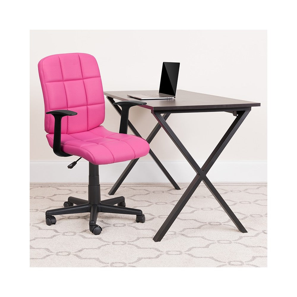 Mid-Back Pink Quilted Vinyl Swivel Task Office Chair with Arms