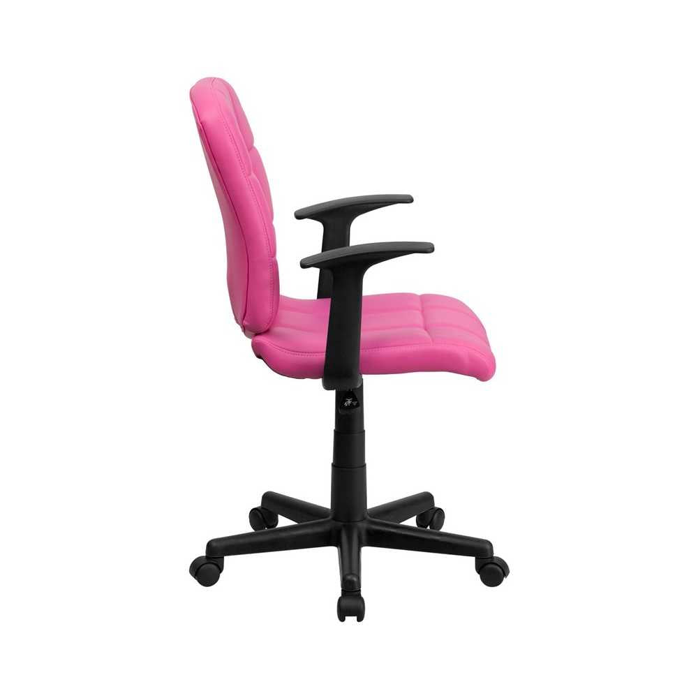 Mid-Back Pink Quilted Vinyl Swivel Task Office Chair with Arms