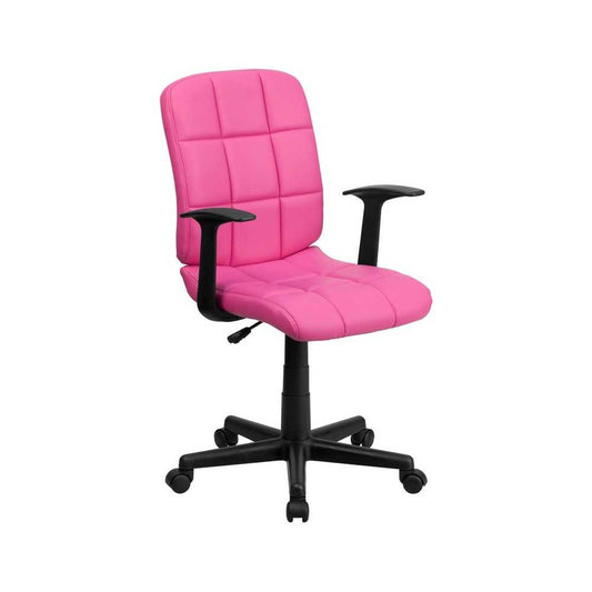 Mid-Back Pink Quilted Vinyl Swivel Task Office Chair with Arms
