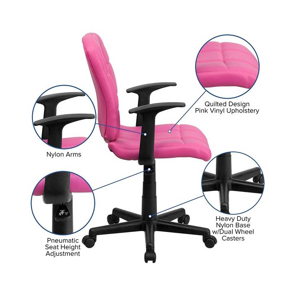 Mid-Back Pink Quilted Vinyl Swivel Task Office Chair with Arms