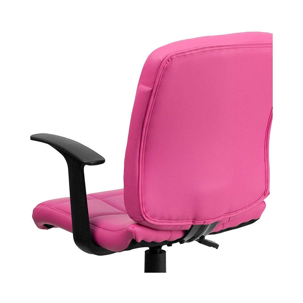 Mid-Back Pink Quilted Vinyl Swivel Task Office Chair with Arms