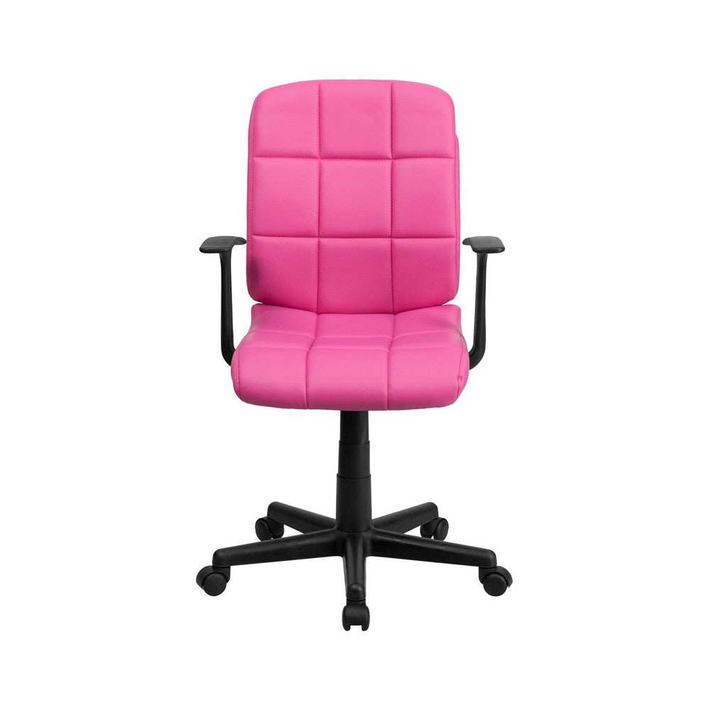 Mid-Back Pink Quilted Vinyl Swivel Task Office Chair with Arms
