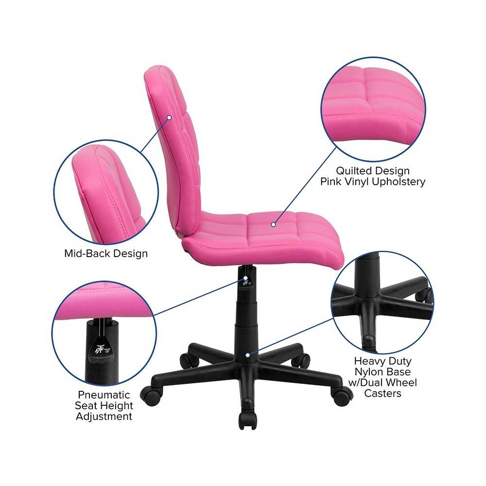 Mid-Back Pink Quilted Vinyl Swivel Task Office Chair