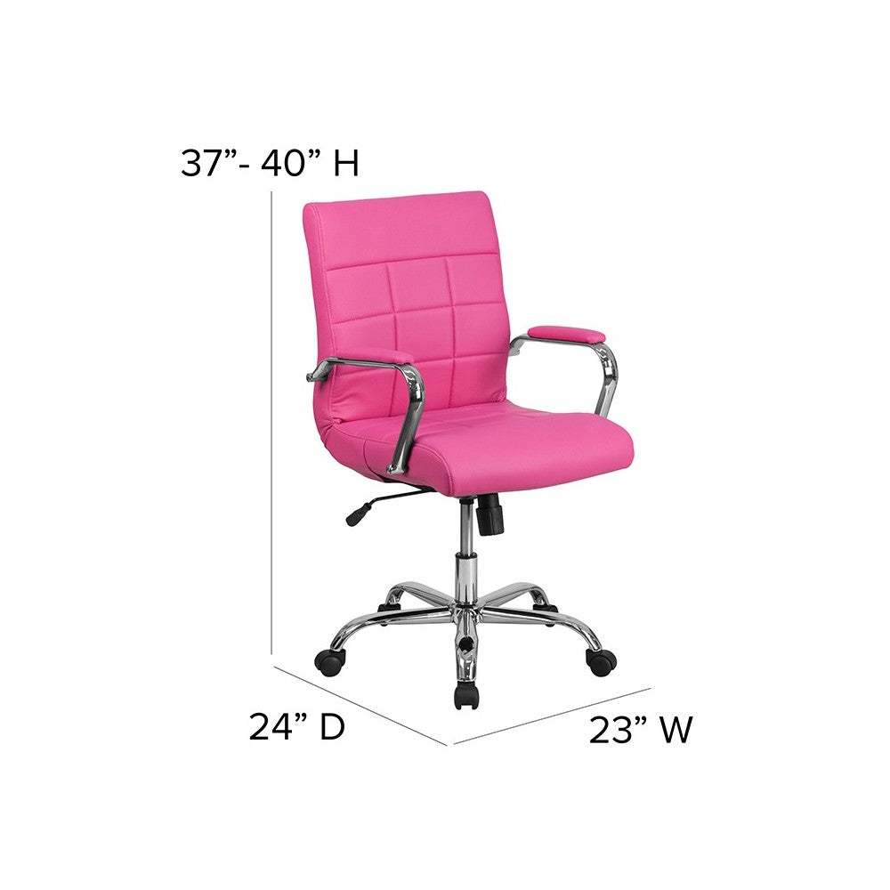Mid-Back Pink Vinyl Executive Swivel Office Chair with Chrome Base and Arms