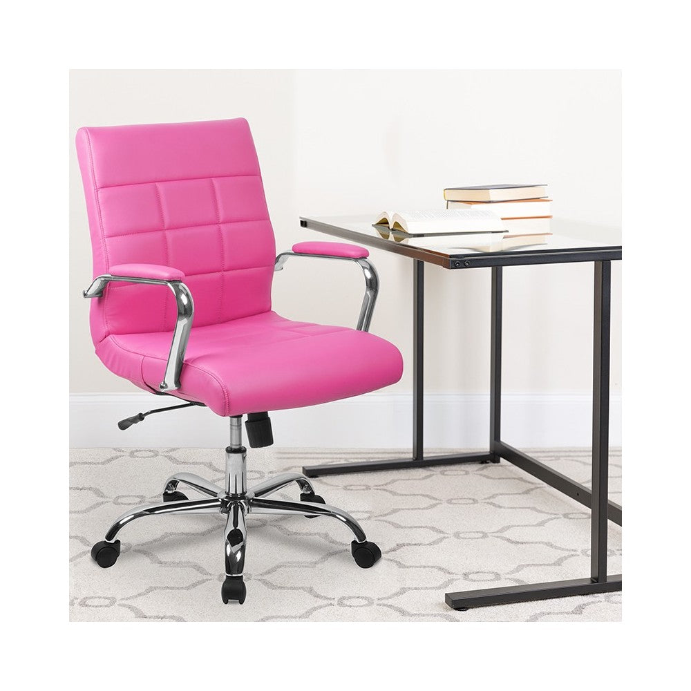 Mid-Back Pink Vinyl Executive Swivel Office Chair with Chrome Base and Arms