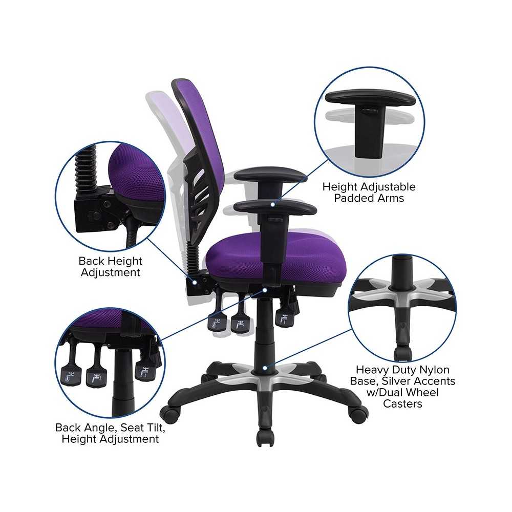 Mid-Back Purple Mesh Multifunction Executive Swivel Ergonomic Office Chair with Adjustable Arms