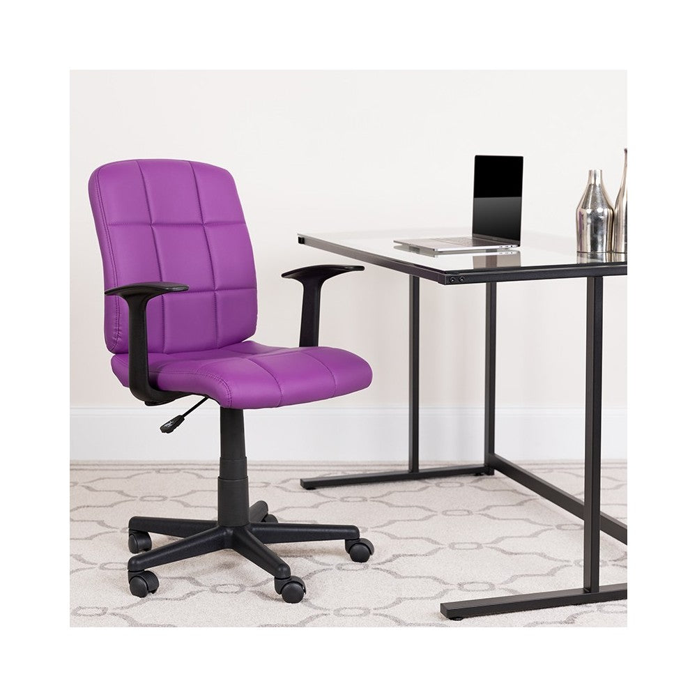 Mid-Back Purple Quilted Vinyl Swivel Task Office Chair with Arms