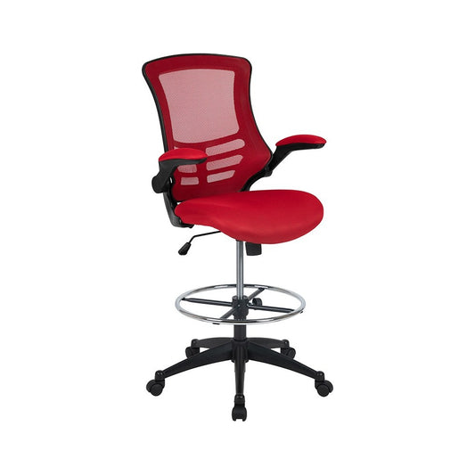 Mid-Back Red Mesh Ergonomic Drafting Chair with Adjustable Foot Ring and Flip-Up Arms
