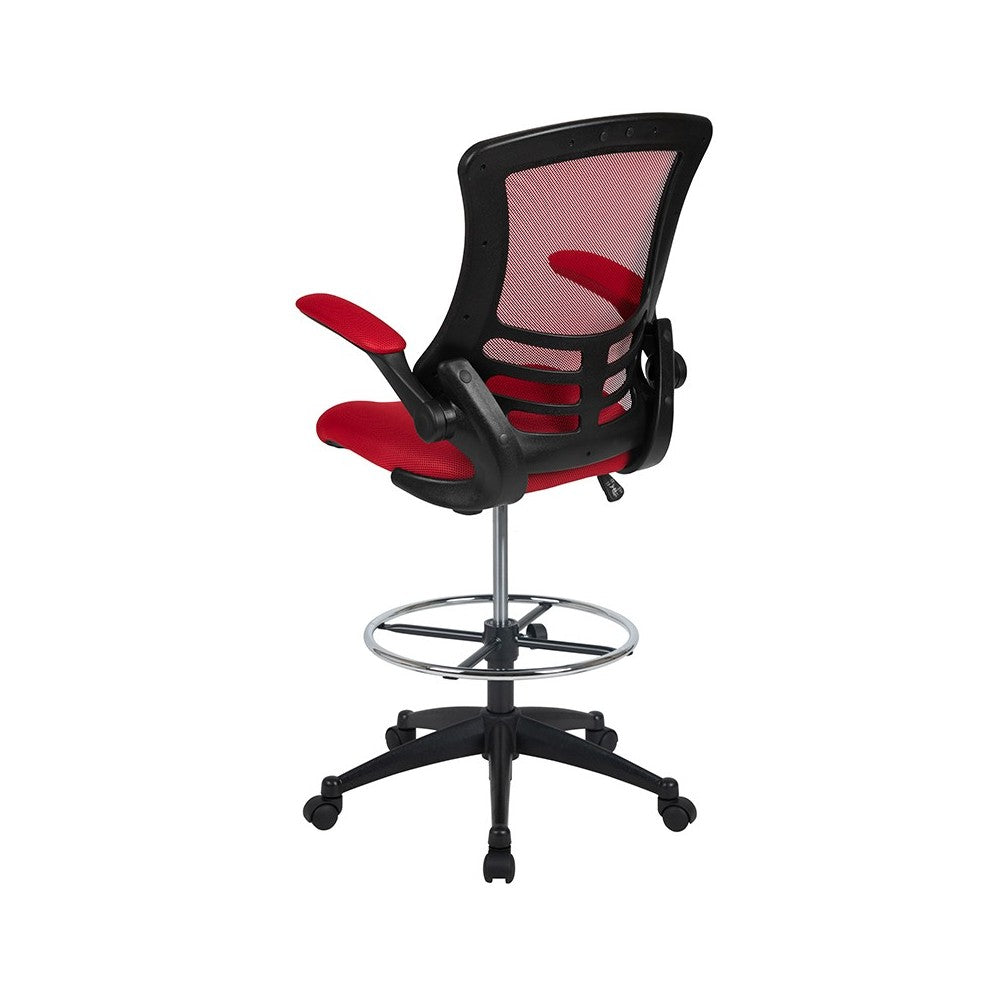 Mid-Back Red Mesh Ergonomic Drafting Chair with Adjustable Foot Ring and Flip-Up Arms