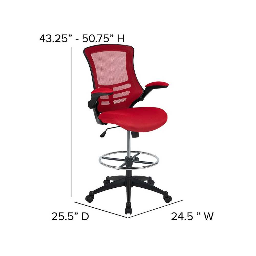Mid-Back Red Mesh Ergonomic Drafting Chair with Adjustable Foot Ring and Flip-Up Arms