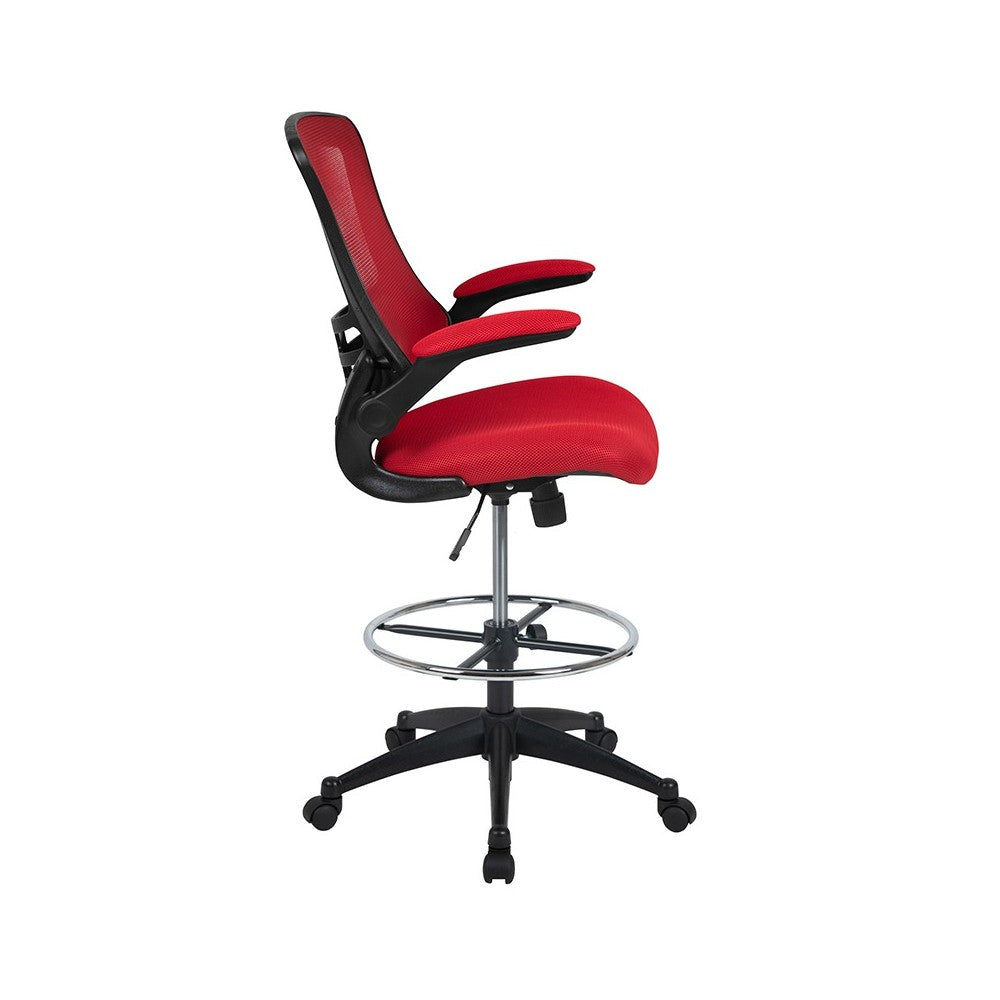 Mid-Back Red Mesh Ergonomic Drafting Chair with Adjustable Foot Ring and Flip-Up Arms