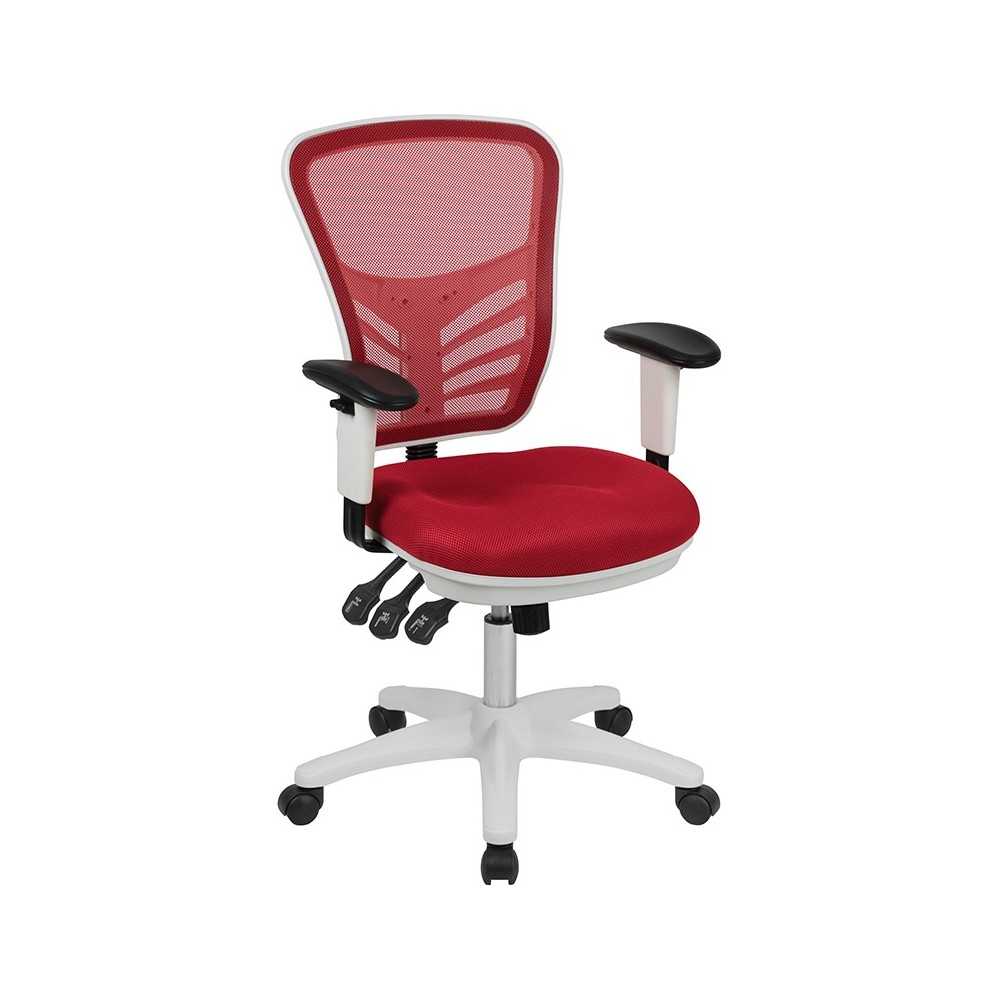 Mid-Back Red Mesh Multifunction Executive Swivel Ergonomic Office Chair with Adjustable Arms and White Frame