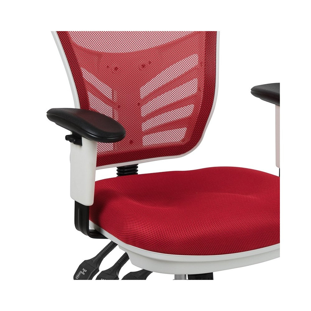 Mid-Back Red Mesh Multifunction Executive Swivel Ergonomic Office Chair with Adjustable Arms and White Frame