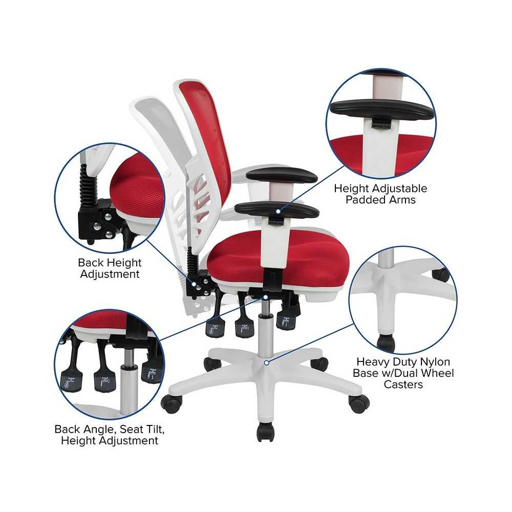 Mid-Back Red Mesh Multifunction Executive Swivel Ergonomic Office Chair with Adjustable Arms and White Frame