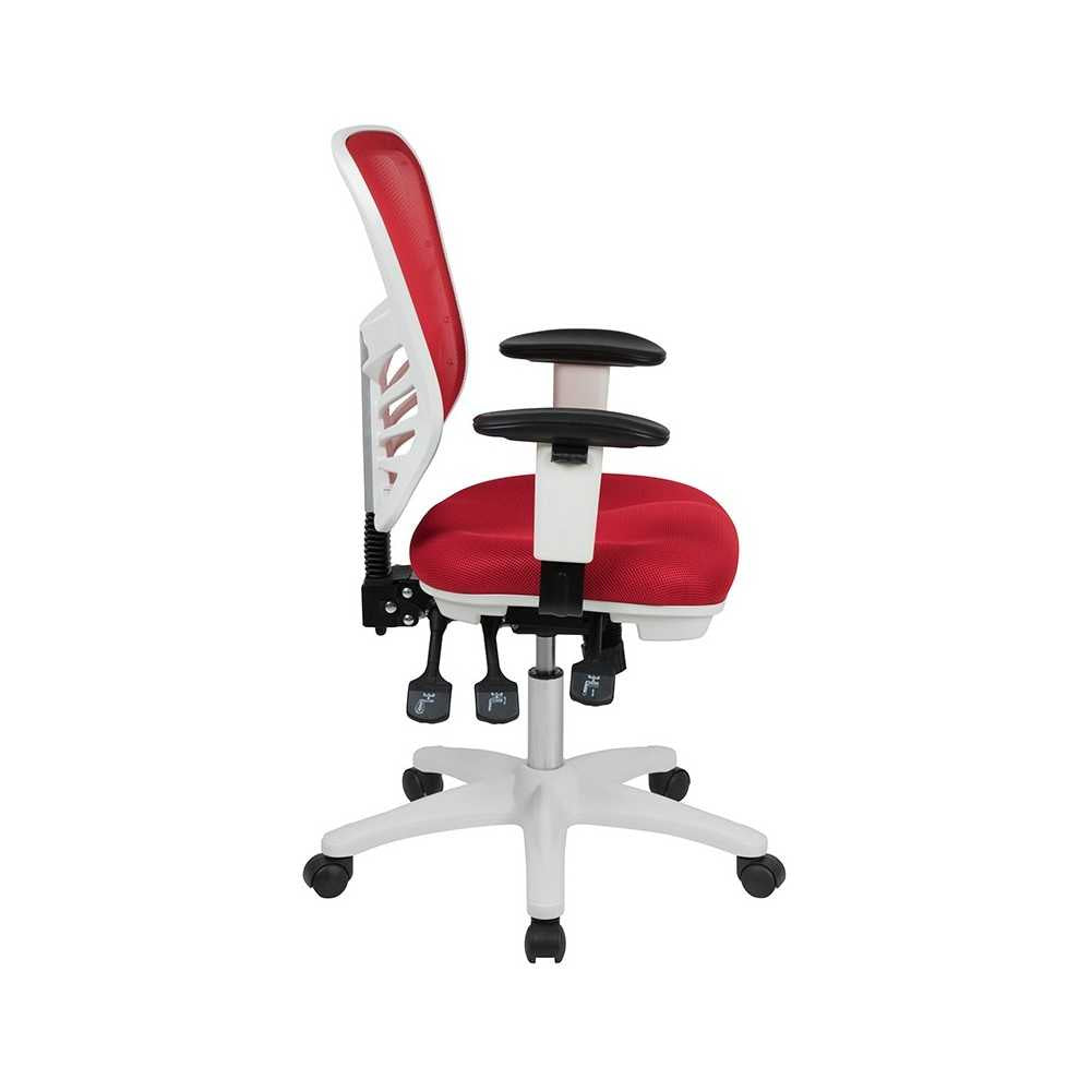 Mid-Back Red Mesh Multifunction Executive Swivel Ergonomic Office Chair with Adjustable Arms and White Frame