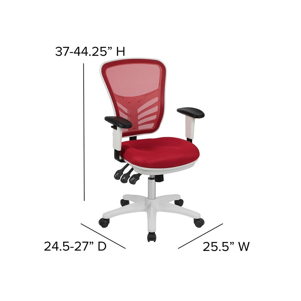 Mid-Back Red Mesh Multifunction Executive Swivel Ergonomic Office Chair with Adjustable Arms and White Frame