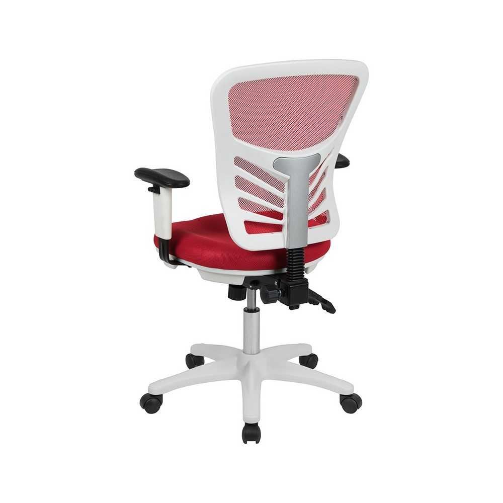 Mid-Back Red Mesh Multifunction Executive Swivel Ergonomic Office Chair with Adjustable Arms and White Frame