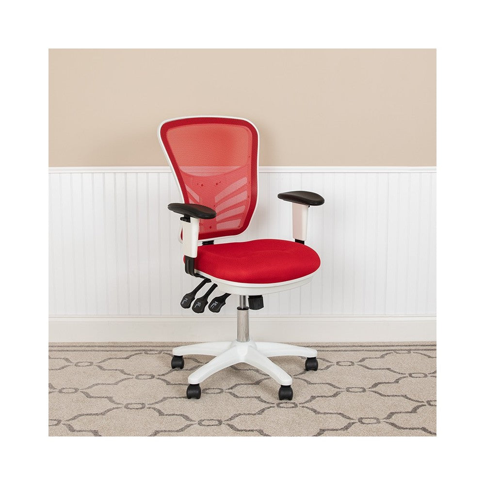 Mid-Back Red Mesh Multifunction Executive Swivel Ergonomic Office Chair with Adjustable Arms and White Frame