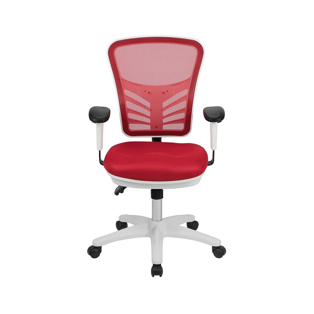 Mid-Back Red Mesh Multifunction Executive Swivel Ergonomic Office Chair with Adjustable Arms and White Frame