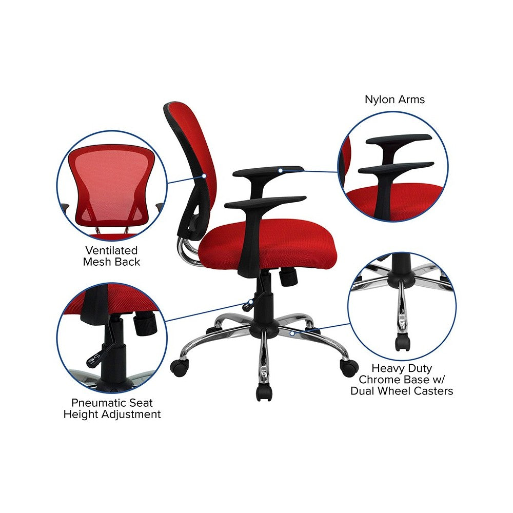Mid-Back Red Mesh Swivel Task Office Chair with Chrome Base and Arms