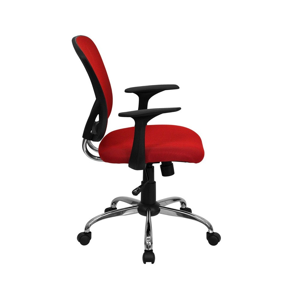 Mid-Back Red Mesh Swivel Task Office Chair with Chrome Base and Arms