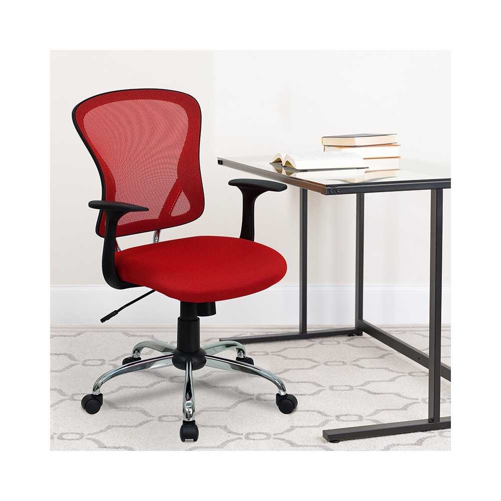 Mid-Back Red Mesh Swivel Task Office Chair with Chrome Base and Arms