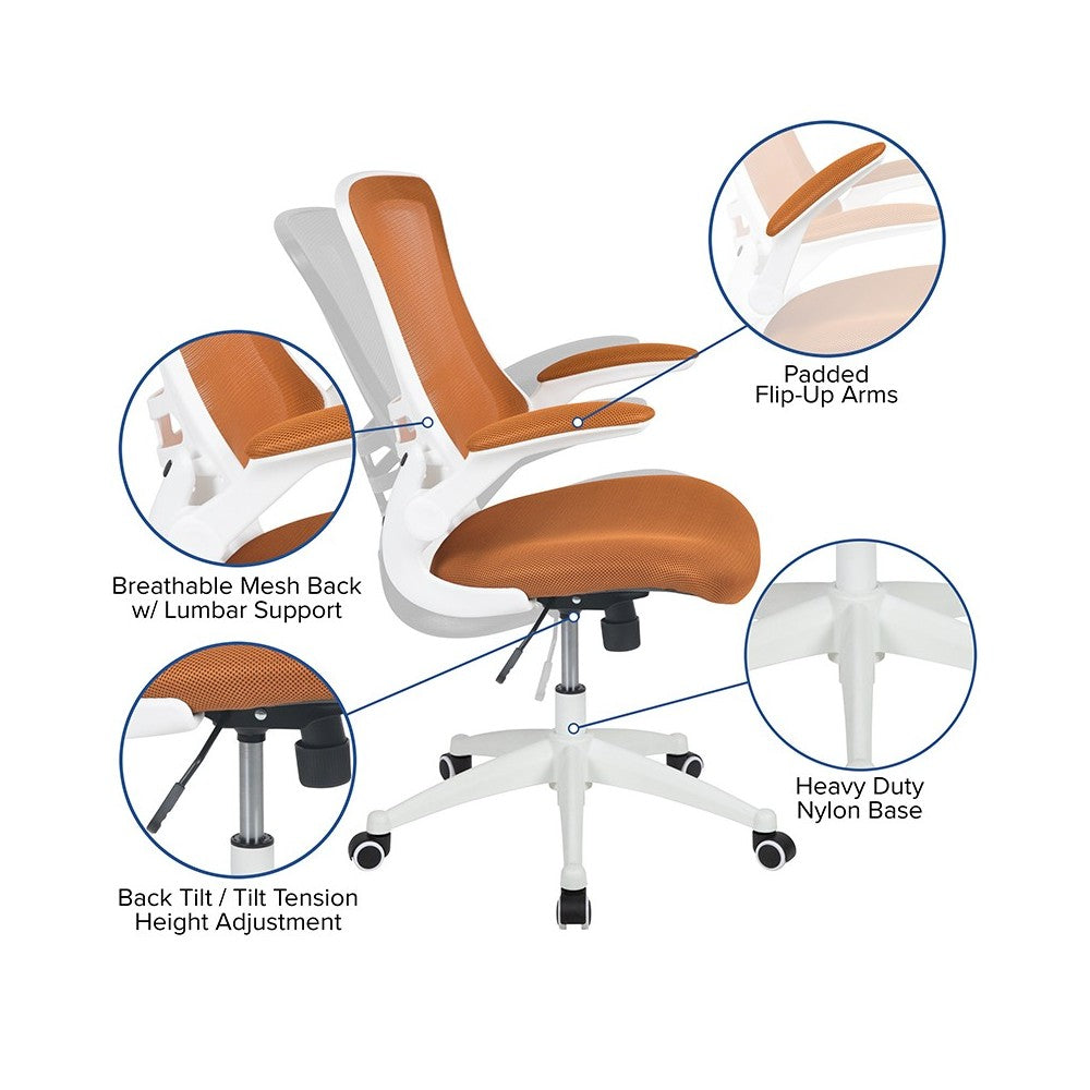 Mid-Back Tan Mesh Swivel Ergonomic Task Office Chair with White Frame and Flip-Up Arms