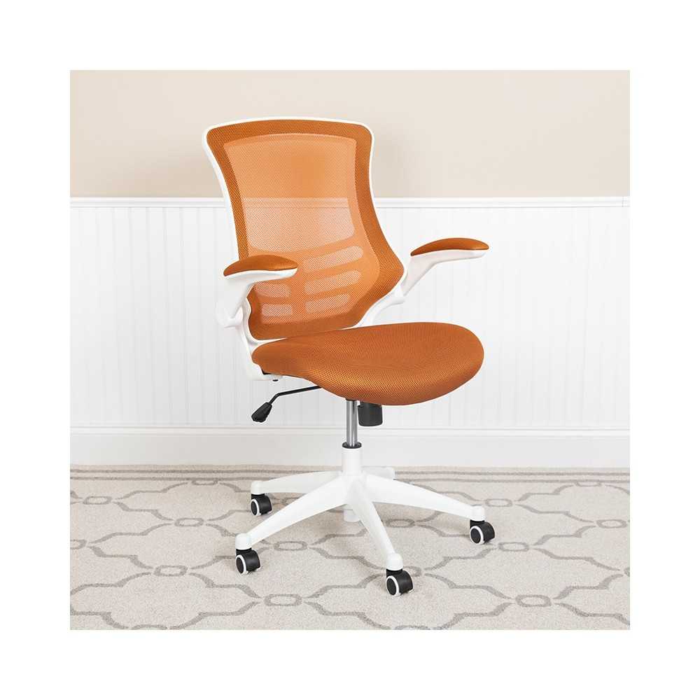 Mid-Back Tan Mesh Swivel Ergonomic Task Office Chair with White Frame and Flip-Up Arms
