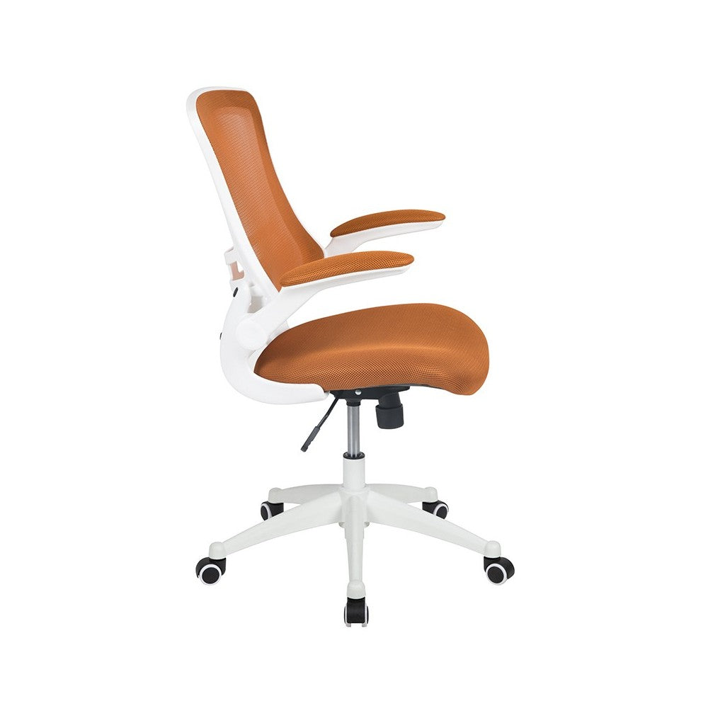Mid-Back Tan Mesh Swivel Ergonomic Task Office Chair with White Frame and Flip-Up Arms