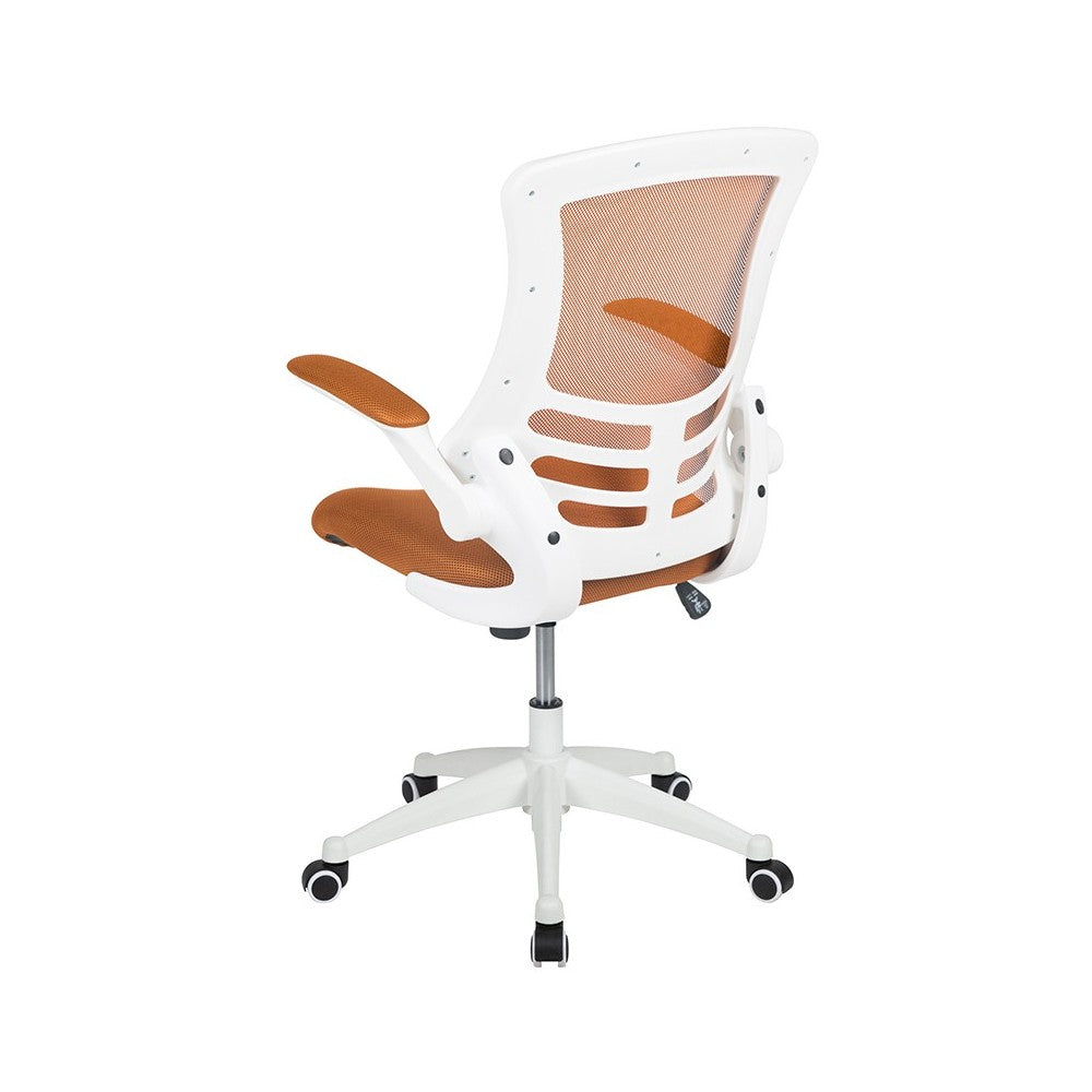 Mid-Back Tan Mesh Swivel Ergonomic Task Office Chair with White Frame and Flip-Up Arms