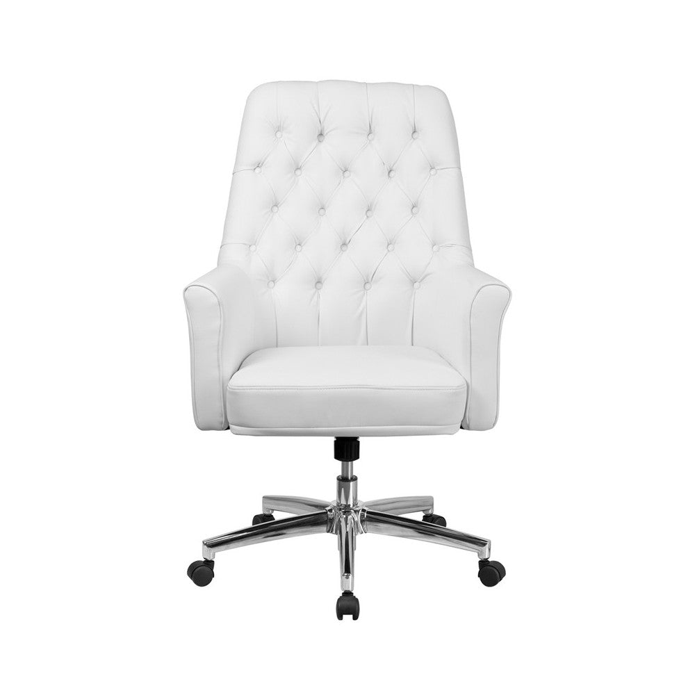 Mid-Back Traditional Tufted White LeatherSoft Executive Swivel Office Chair with Arms