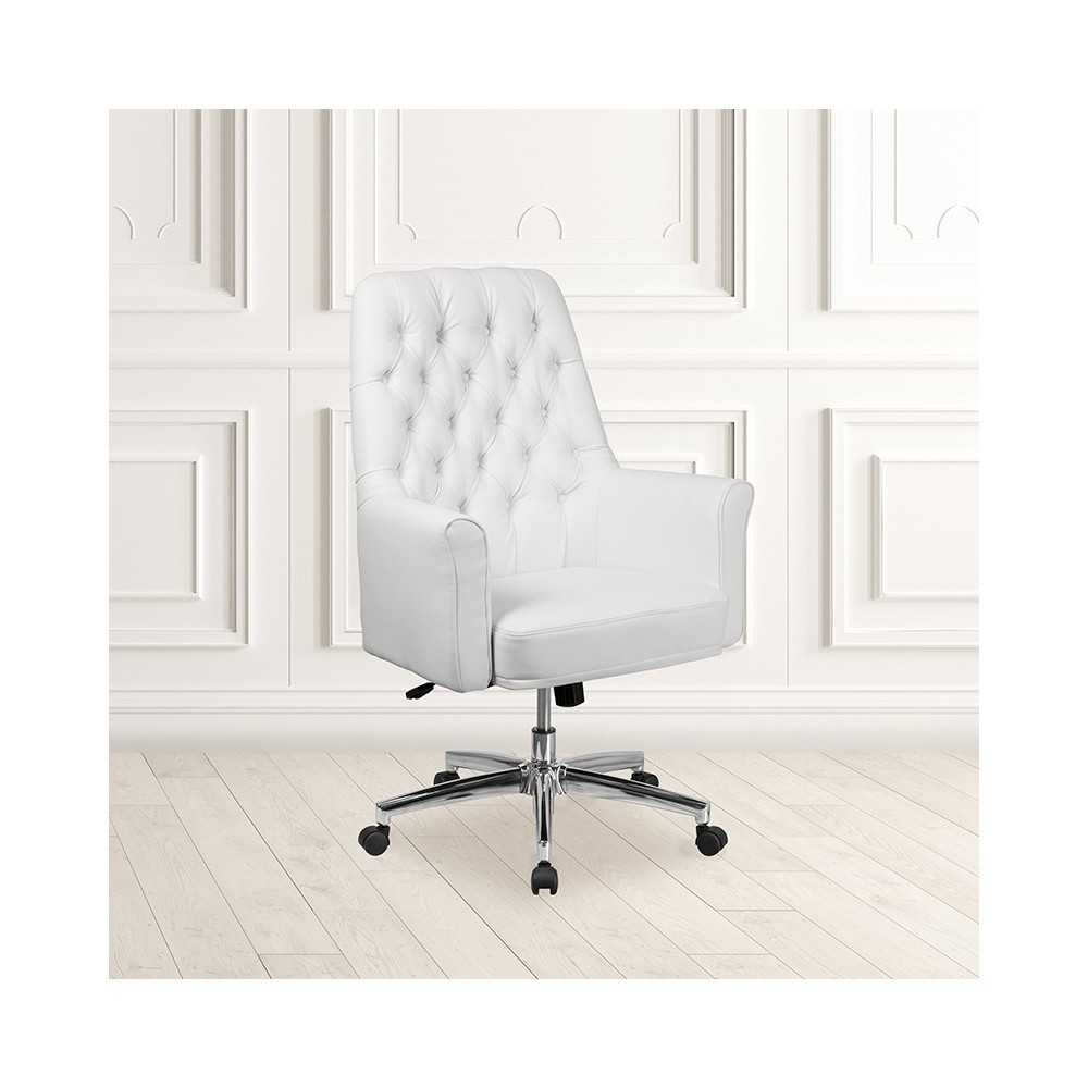 Mid-Back Traditional Tufted White LeatherSoft Executive Swivel Office Chair with Arms