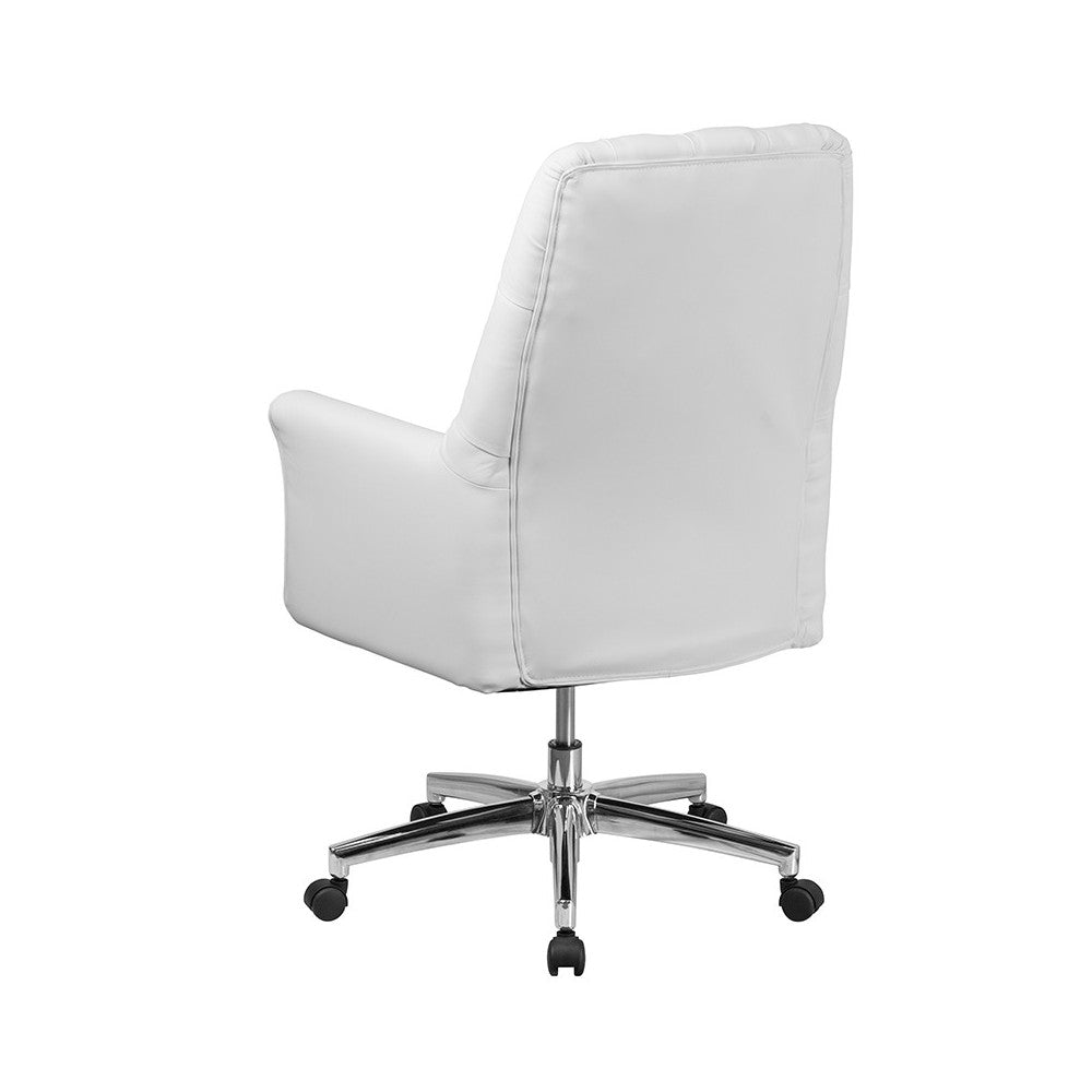 Mid-Back Traditional Tufted White LeatherSoft Executive Swivel Office Chair with Arms