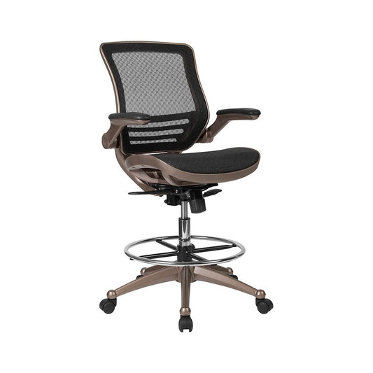 Mid-Back Transparent Black Mesh Drafting Chair with Melrose Gold Frame and Flip-Up Arms