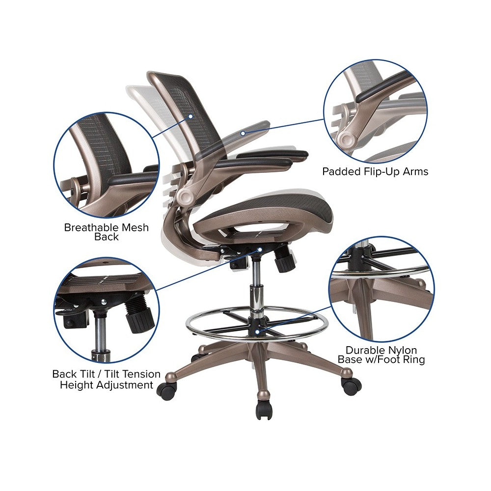Mid-Back Transparent Black Mesh Drafting Chair with Melrose Gold Frame and Flip-Up Arms