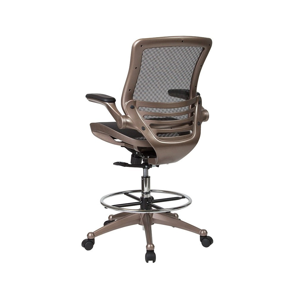 Mid-Back Transparent Black Mesh Drafting Chair with Melrose Gold Frame and Flip-Up Arms