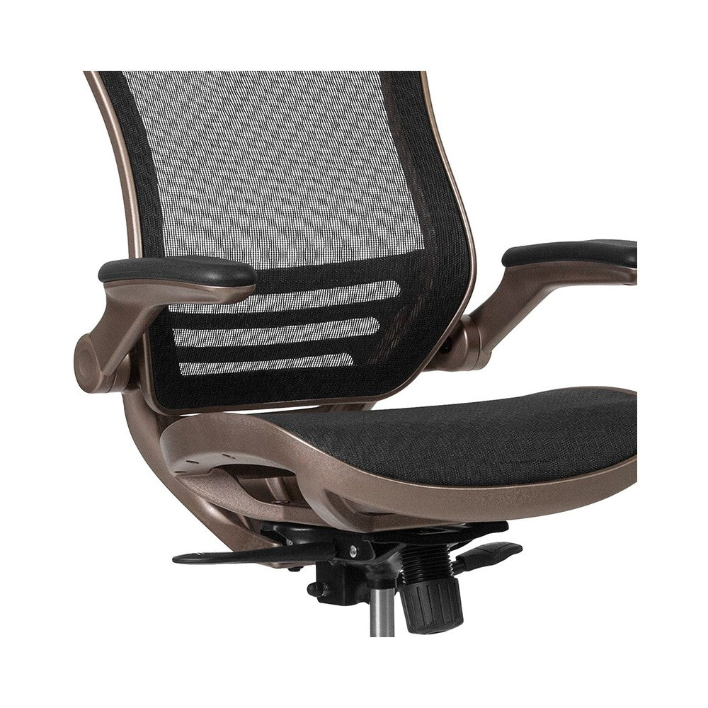 Mid-Back Transparent Black Mesh Drafting Chair with Melrose Gold Frame and Flip-Up Arms