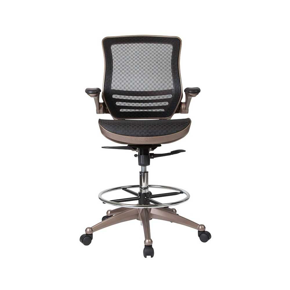 Mid-Back Transparent Black Mesh Drafting Chair with Melrose Gold Frame and Flip-Up Arms