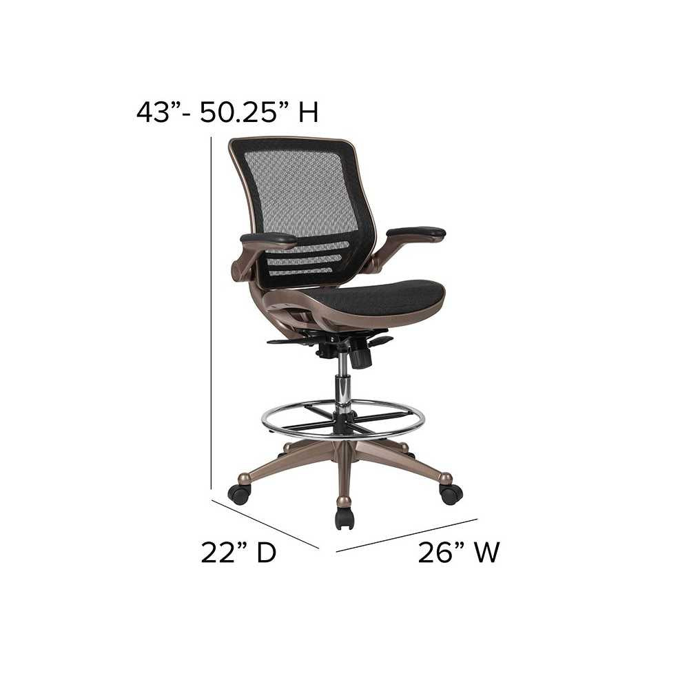 Mid-Back Transparent Black Mesh Drafting Chair with Melrose Gold Frame and Flip-Up Arms
