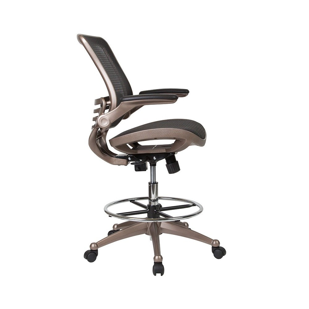 Mid-Back Transparent Black Mesh Drafting Chair with Melrose Gold Frame and Flip-Up Arms