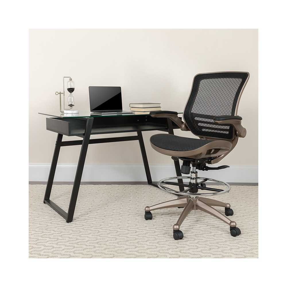 Mid-Back Transparent Black Mesh Drafting Chair with Melrose Gold Frame and Flip-Up Arms