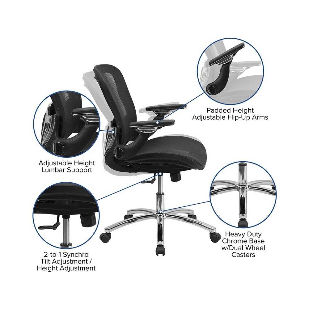 Mid-Back Transparent Black Mesh Executive Swivel Ergonomic Office Chair with Synchro-Tilt & Height Adjustable Flip-Up Arms